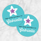 Printable Turquoise Purple Star Personalized Bookplate Stickers at Printable Planning. Example of 2 stickers.