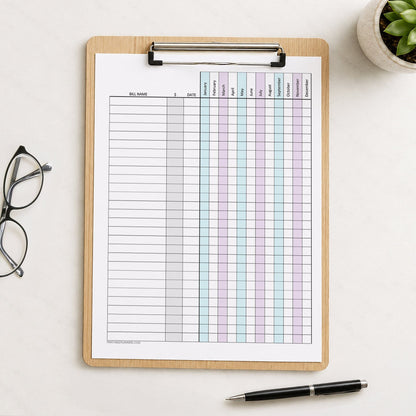 Turquoise Purple Yearly Bill Payment Tracker with Amount Column (printable page) shown on a wooden clipboard on a desk with glasses, a plant, and a pen.
