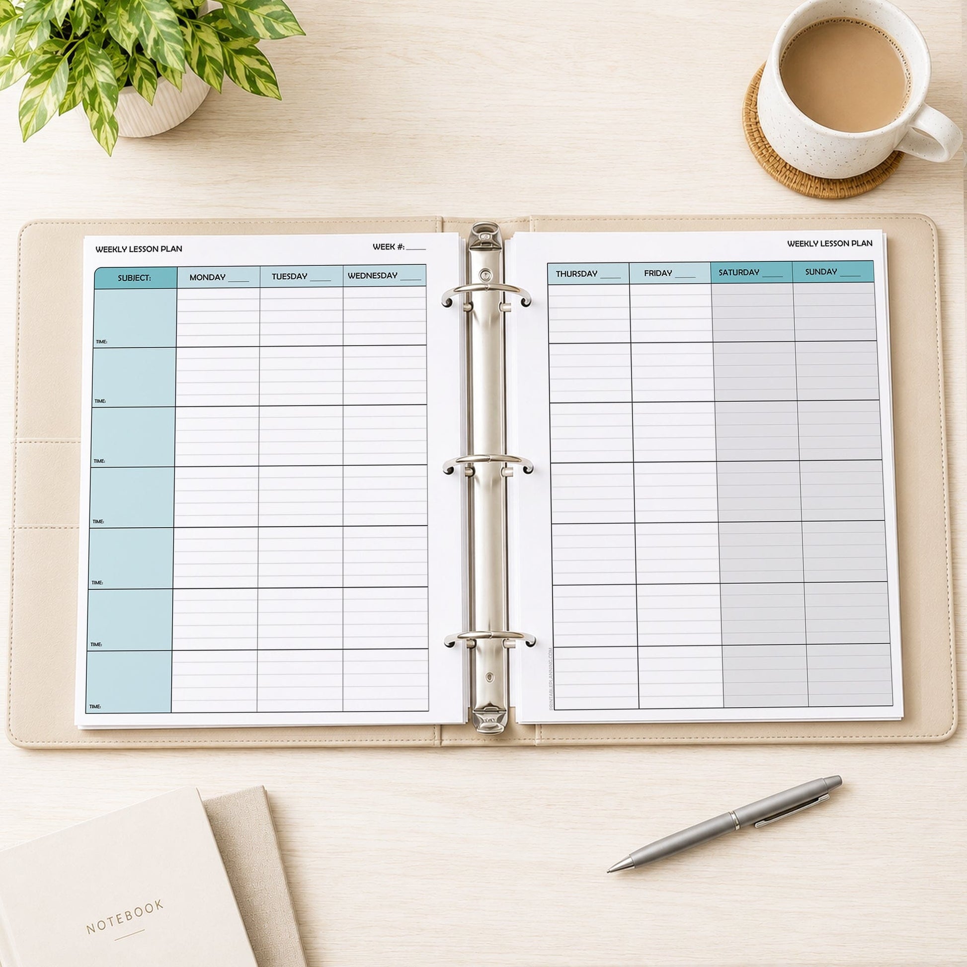 Printed front and back Turquoise Weekly Lesson Plan Pages for Teachers pages shown in a beige binder on a desk with a plant, coffee, notebooks, and a pen.