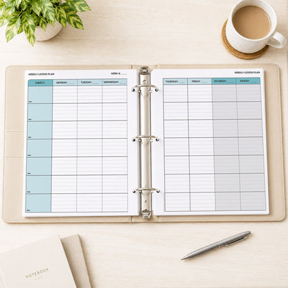 Printed front and back Turquoise Weekly Lesson Plan Pages for Teachers pages shown in a beige binder on a desk with a plant, coffee, notebooks, and a pen.
