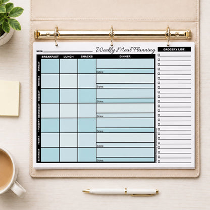 A printed Turquoise Weekly Meal Planner with Grocery List (printable page) shown in a beige binder on a table with a plant, sticky notes, coffee, and a pen.