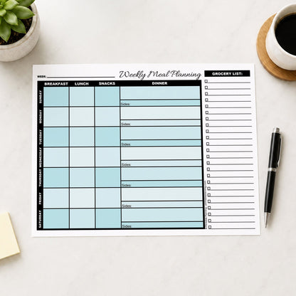 A printed Turquoise Weekly Meal Planner with Grocery List (printable page) shown on a table with a plant, sticky notes, coffee, and a pen.