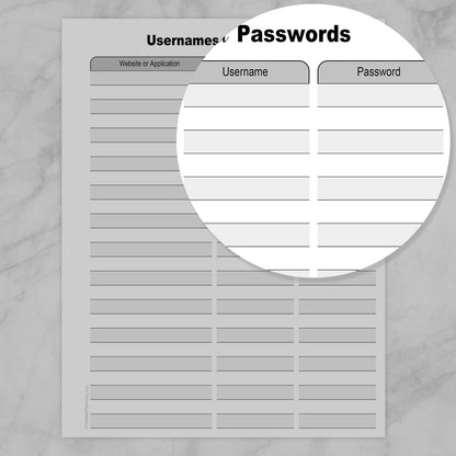 Password manager sheet with columns for website/app, username, and password.