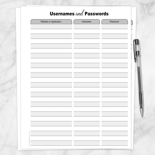 Printable Usernames and Passwords List at Printable Planning.