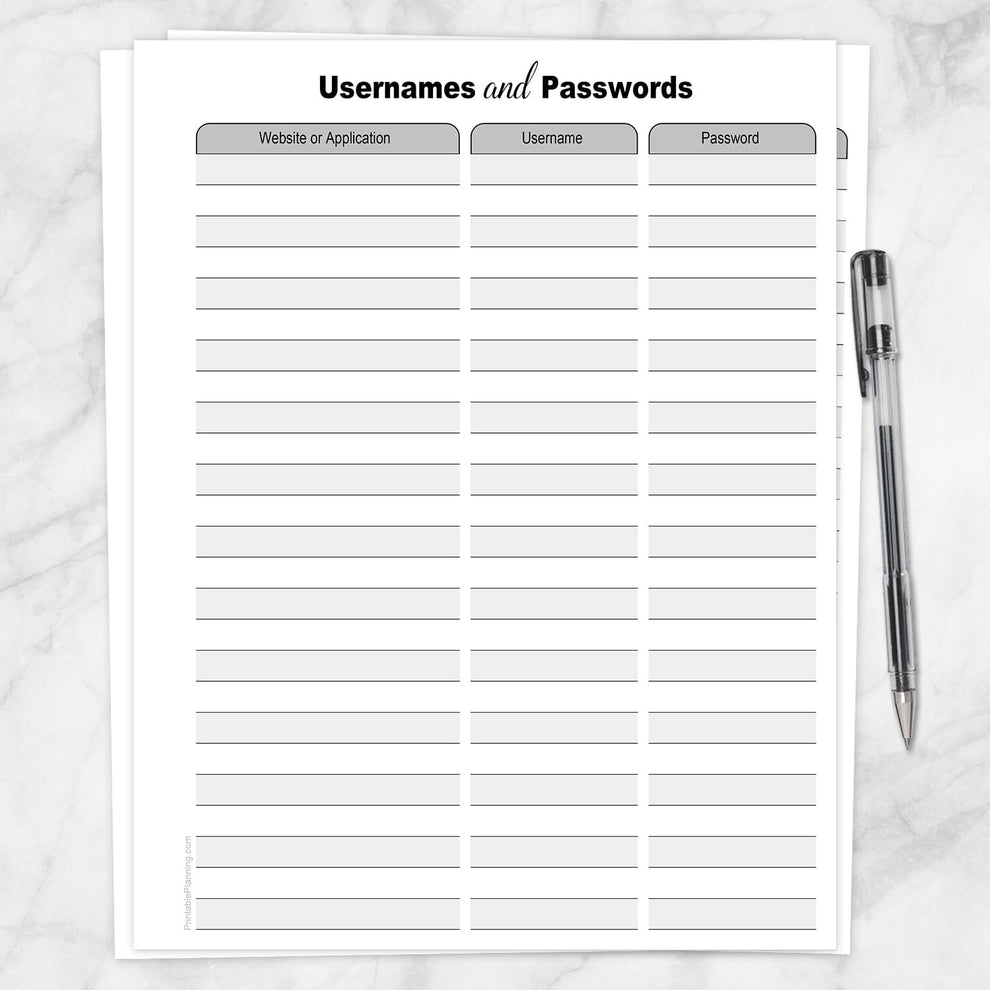 Usernames and Passwords List - Printable at Printable Planning for only 5.95