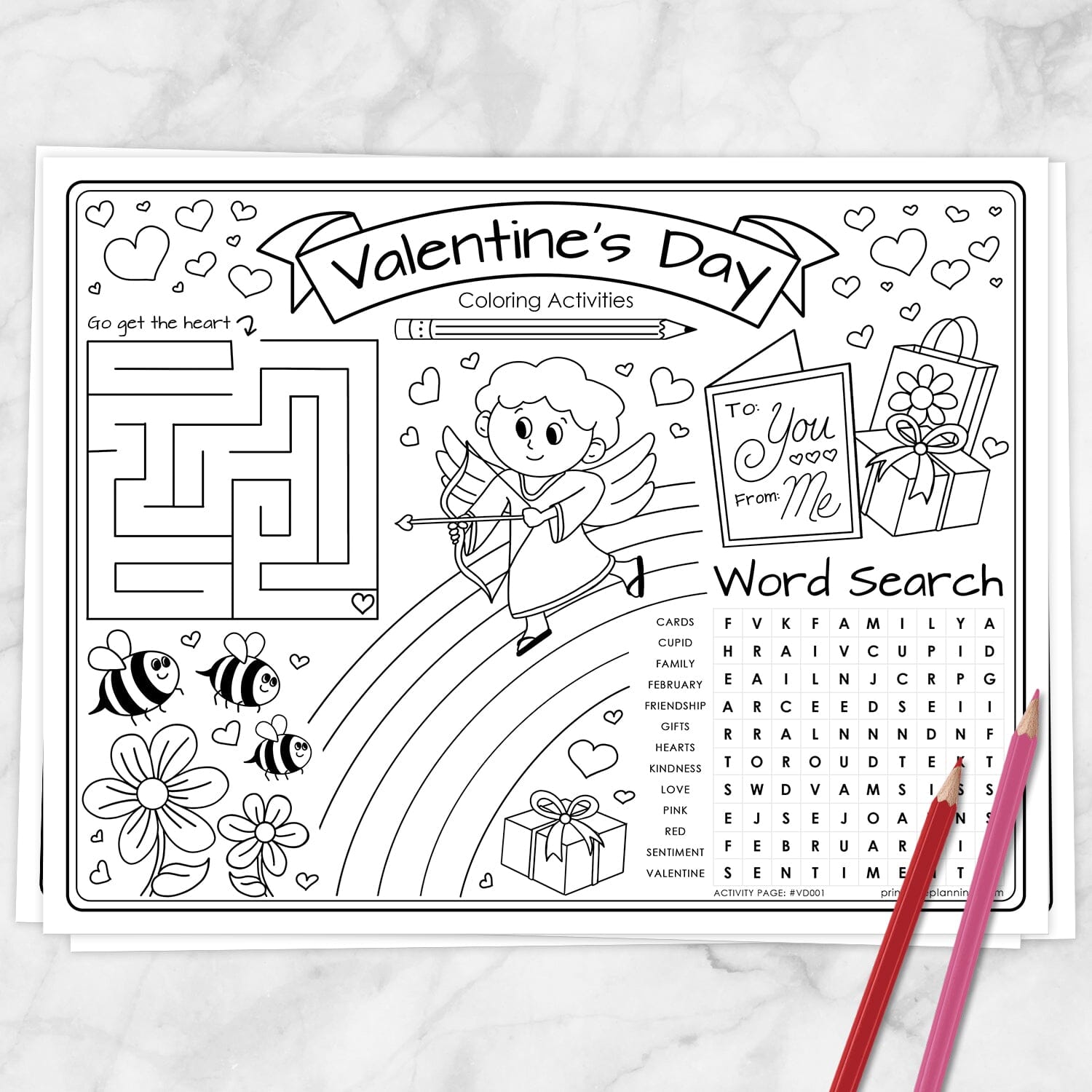 A Valentine's Day coloring activities sheet with black line art on white paper, featuring a maze, cartoon cupid, flowers, bees, a 'To You from Me' card, gift box, word search, and two colored pencils on a light marble surface.