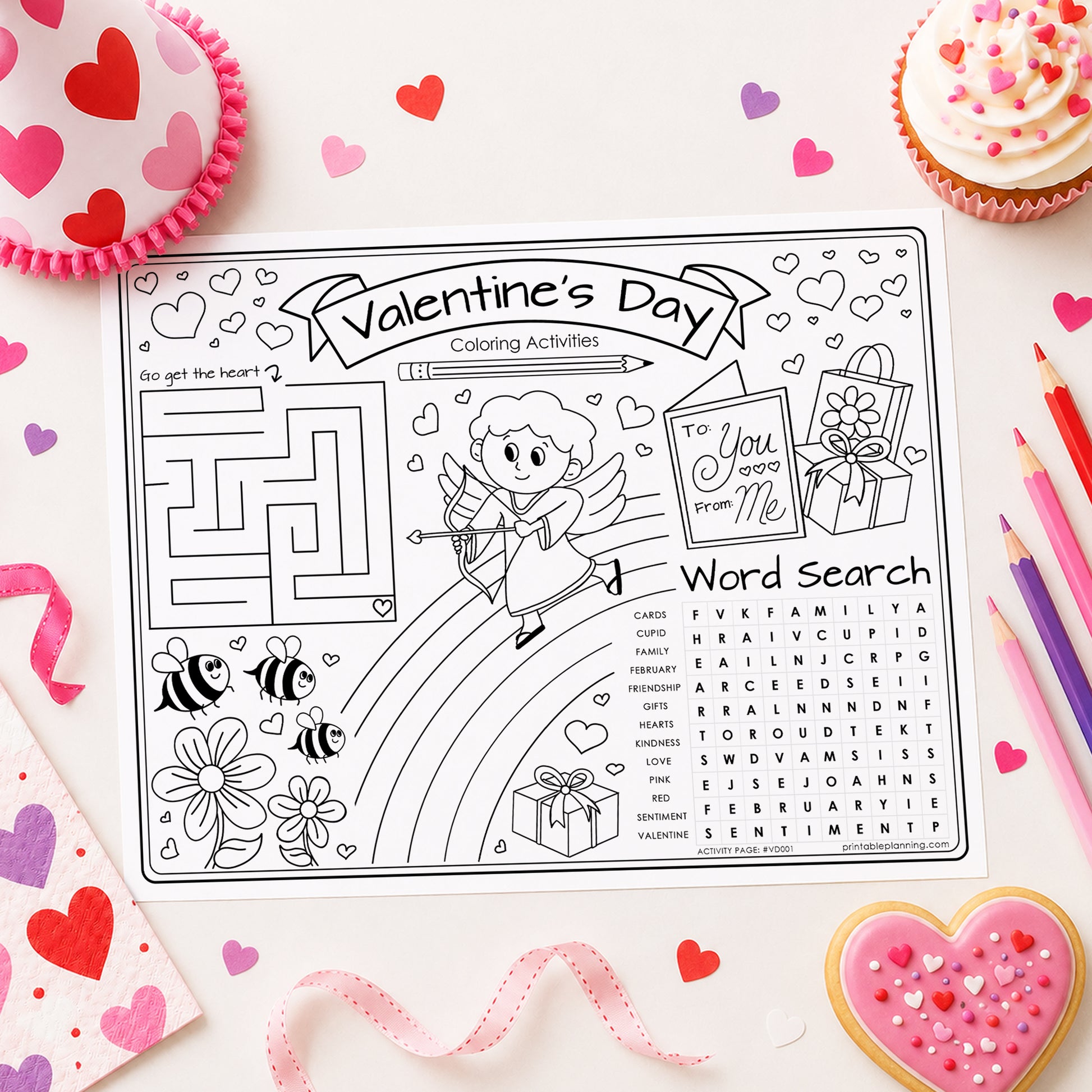 A Valentine's Day coloring activities sheet featuring a cartoon angel, maze, word search, and line art, styled on a white surface with cupcakes, pink hearts, and colored pencils.