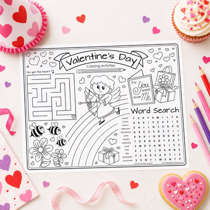 A Valentine's Day coloring activities sheet featuring a cartoon angel, maze, word search, and line art, styled on a white surface with cupcakes, pink hearts, and colored pencils.