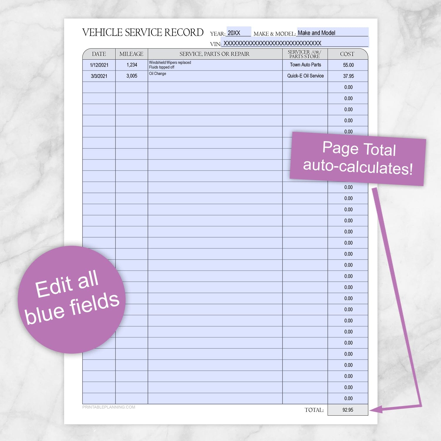 Printable Vehicle Service Record with Auto-Calculating Total (editable, edit all blue fields and total auto-calculates) at Printable Planning