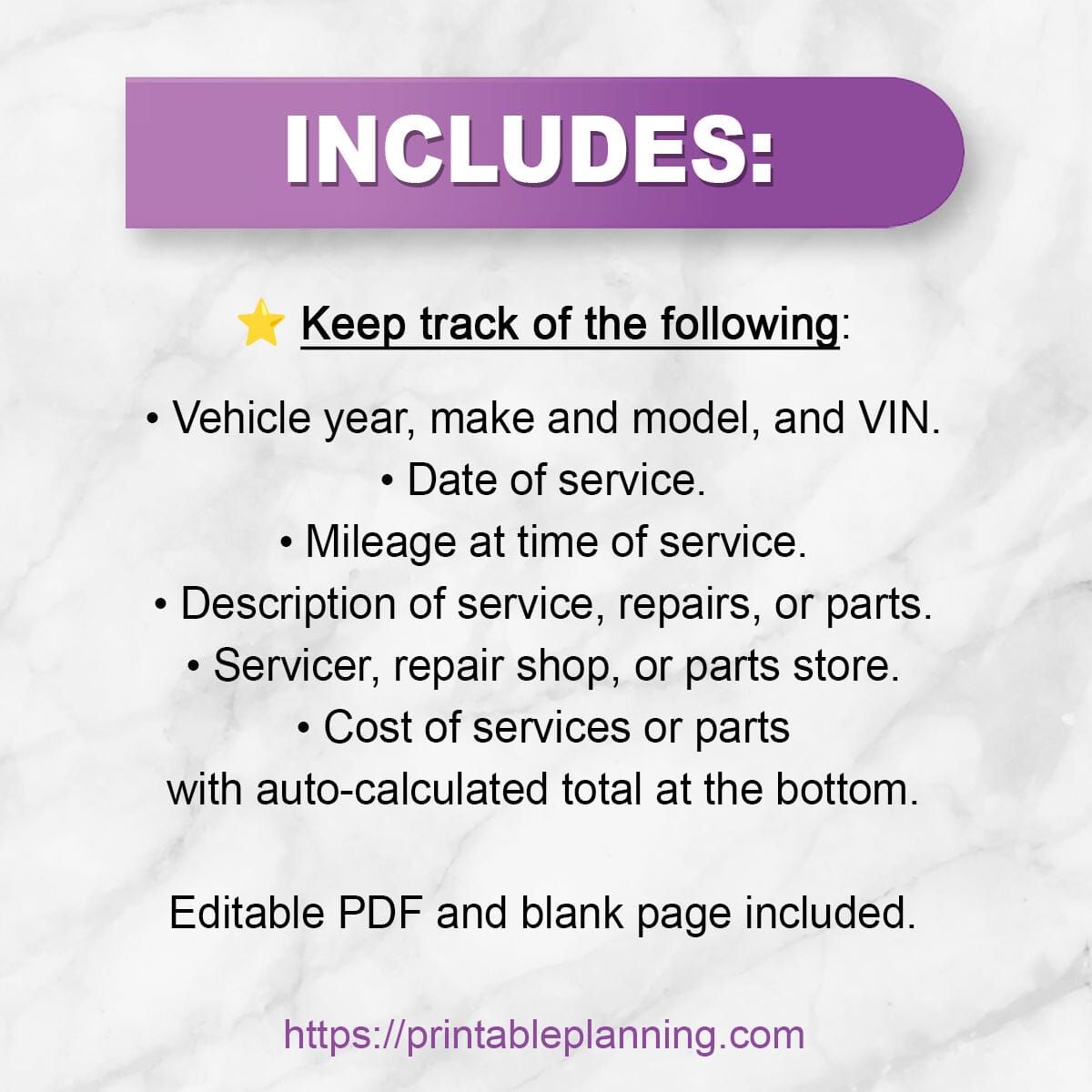 A list of features included on the Vehicle Service Record with Auto-Calculating Total at Printable Planning.