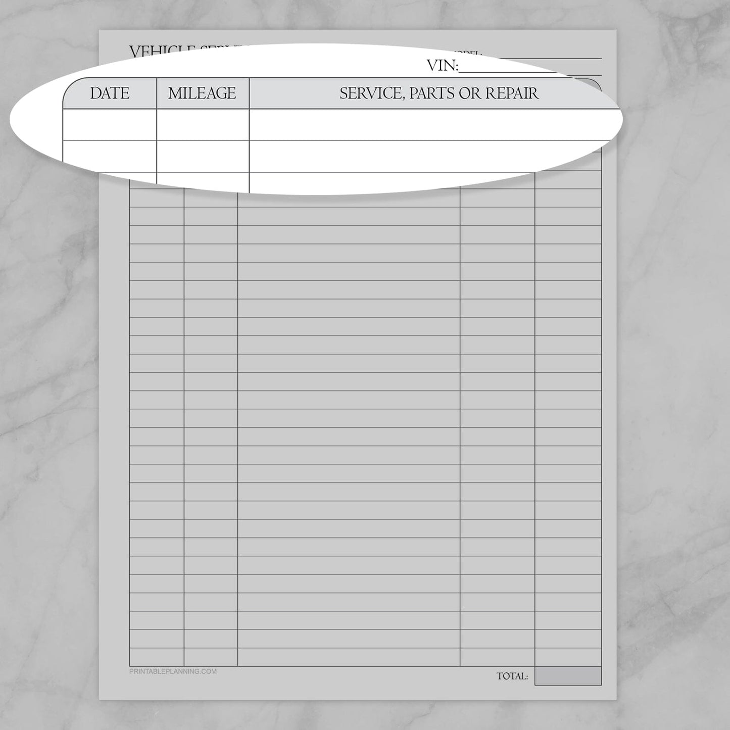 Zoomed image on the part of the Vehicle Service Record with Auto-Calculating Total form with columns for date, mileage, and service/repair details.