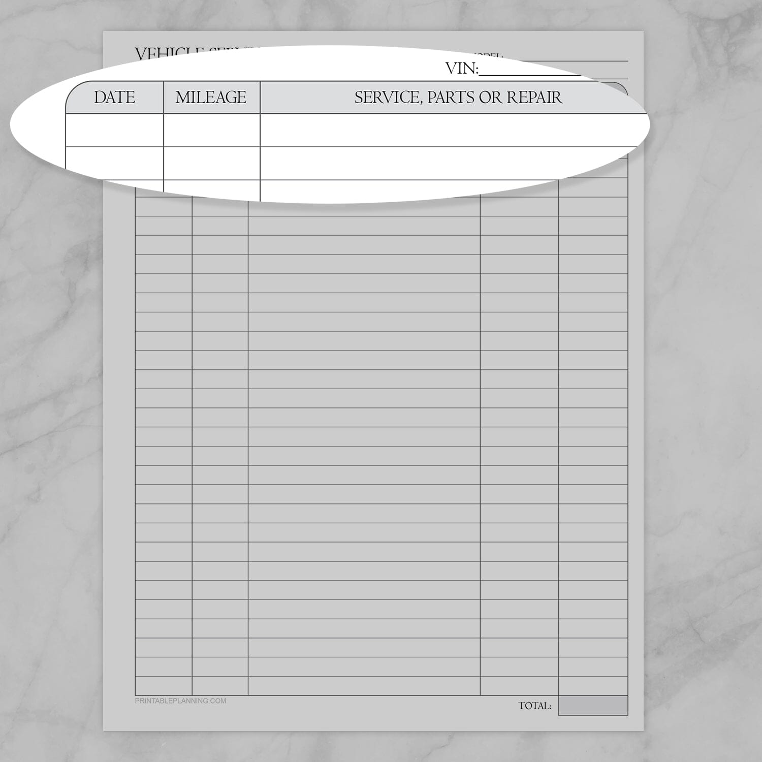 Zoomed image on the part of the Vehicle Service Record with Auto-Calculating Total form with columns for date, mileage, and service/repair details.
