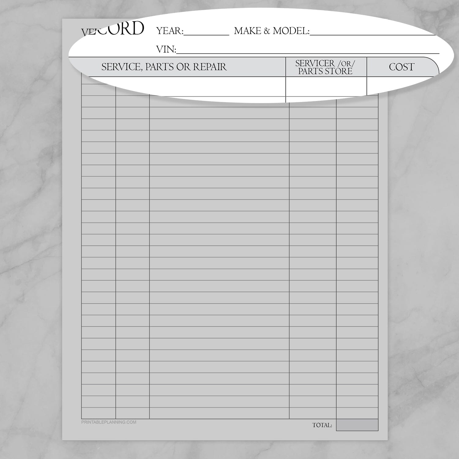 Zoomed image on the part of the Vehicle Service Record with Auto-Calculating Total form with service/repair details, servicer or parts store, cost, along with vehicle details at the top.