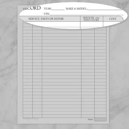 Zoomed image on the part of the Vehicle Service Record with Auto-Calculating Total form with service/repair details, servicer or parts store, cost, along with vehicle details at the top.