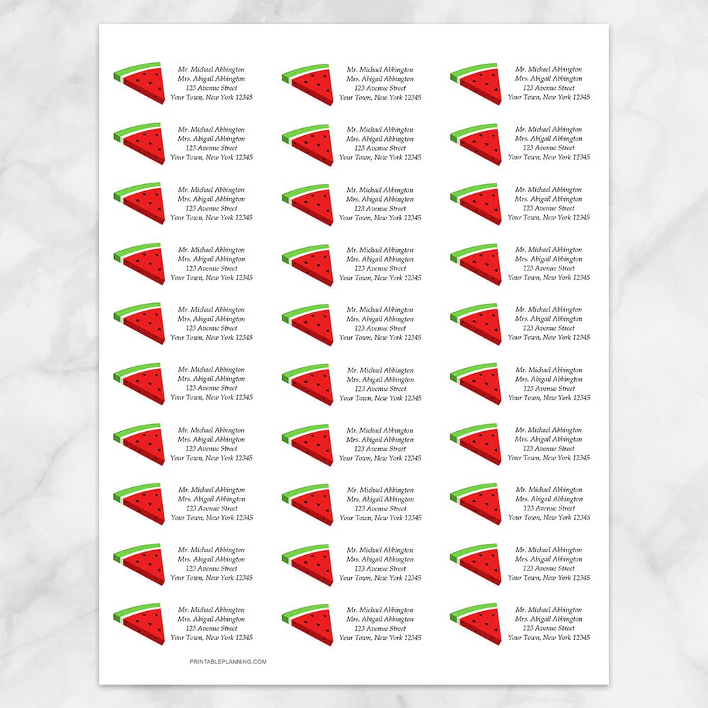 Printable Watermelon Slice Personalized Address Labels at Printable Planning. Sheet of 30 labels.