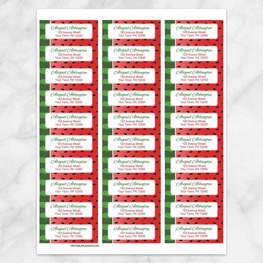 Printable Watermelon design Address Labels at Printable Planning. Sheet of 30 labels.