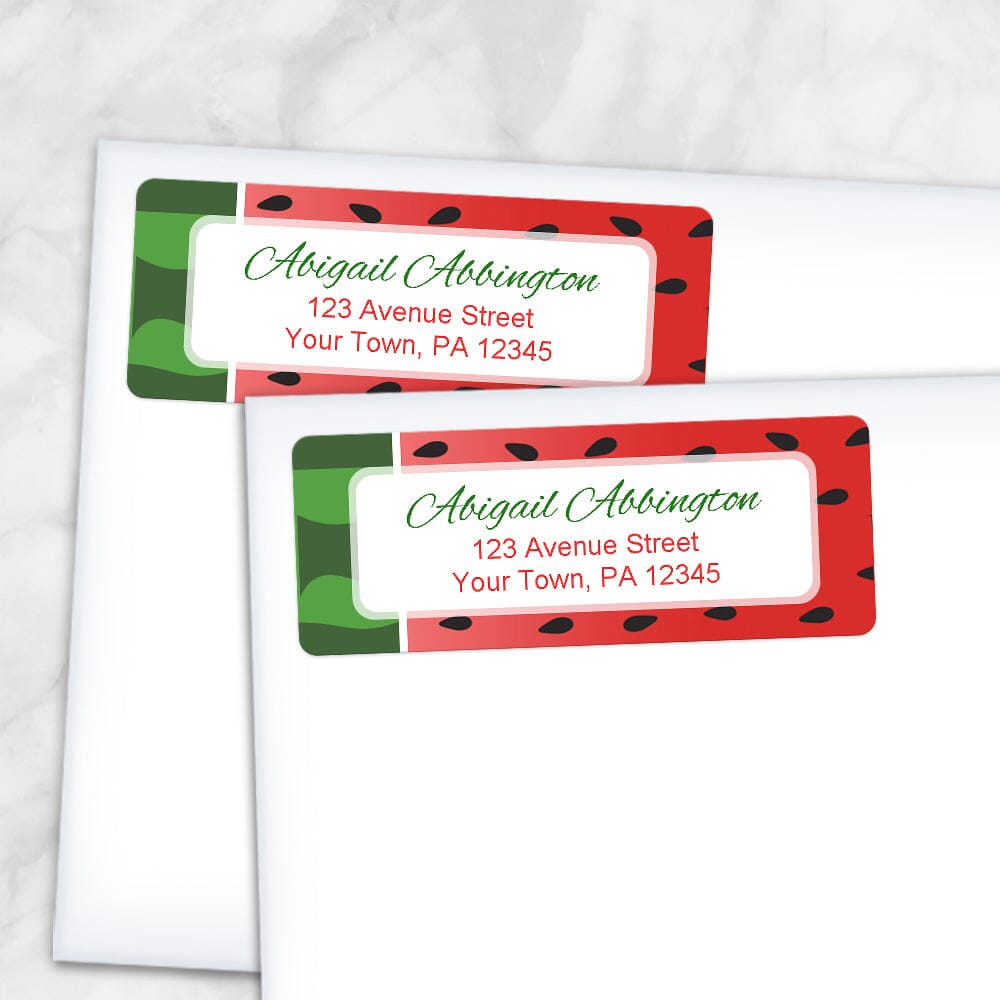 Printable Watermelon design Address Labels at Printable Planning. Shown on envelopes.