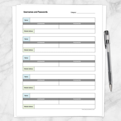 A printable Password Log Sheet for Usernames and Website Logins shown on a marble surface with a pen.