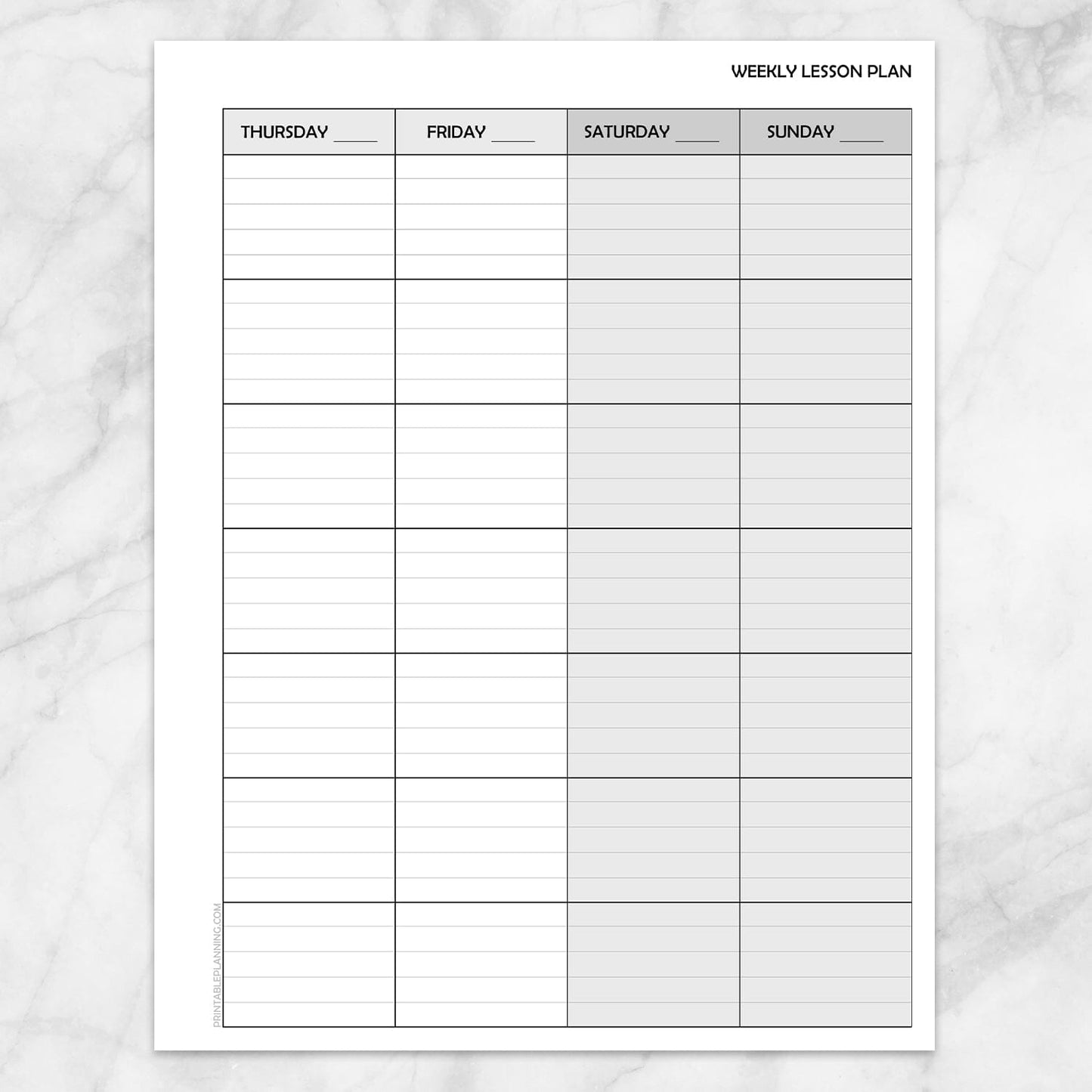Printable Weekly Lesson Plan for Teachers - School Planning Pages (right page) at Printable Planning.