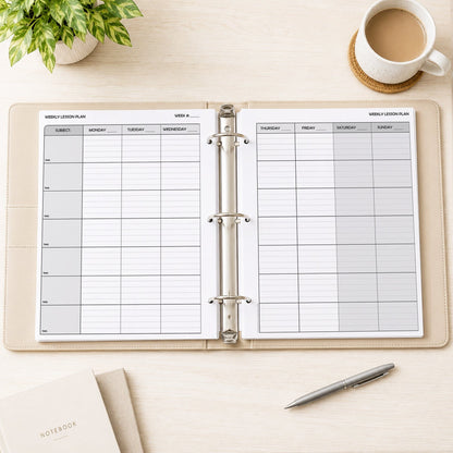 An open three-ring binder with Weekly Lesson Plan Pages for Teachers - Printable School Planner PDF pages, styled on a light wood desk with a coffee cup, plant, pen, and notebook.