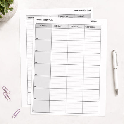 Front and back sides of the Weekly Lesson Plan Pages for Teachers - Printable School Planner PDF sheets arranged on a white desk with a white pen, purple paperclips, and a small plant visible.
