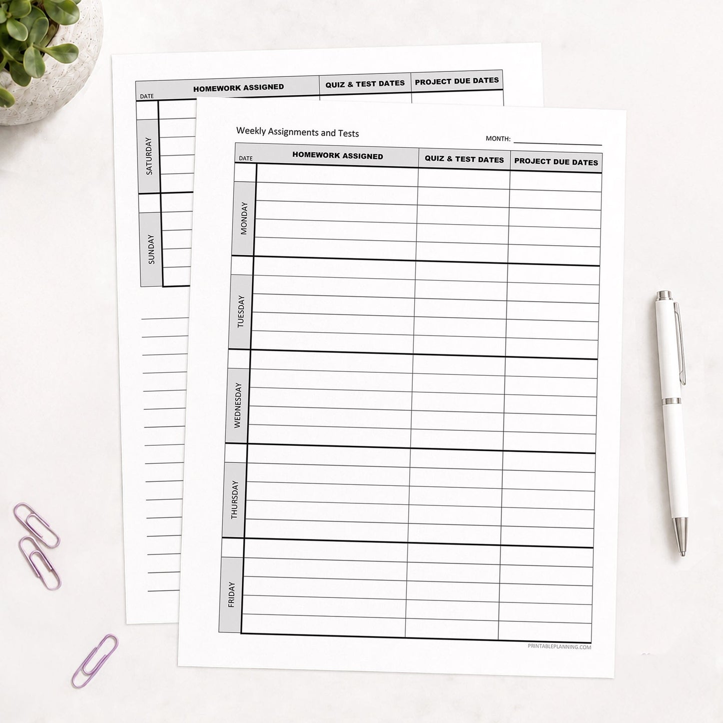 Two front and back printed Weekly Student Assignment Tracker for Homework, Tests & Projects (printable) pages shown on a desk with a plant, paperclips, and a pen.
