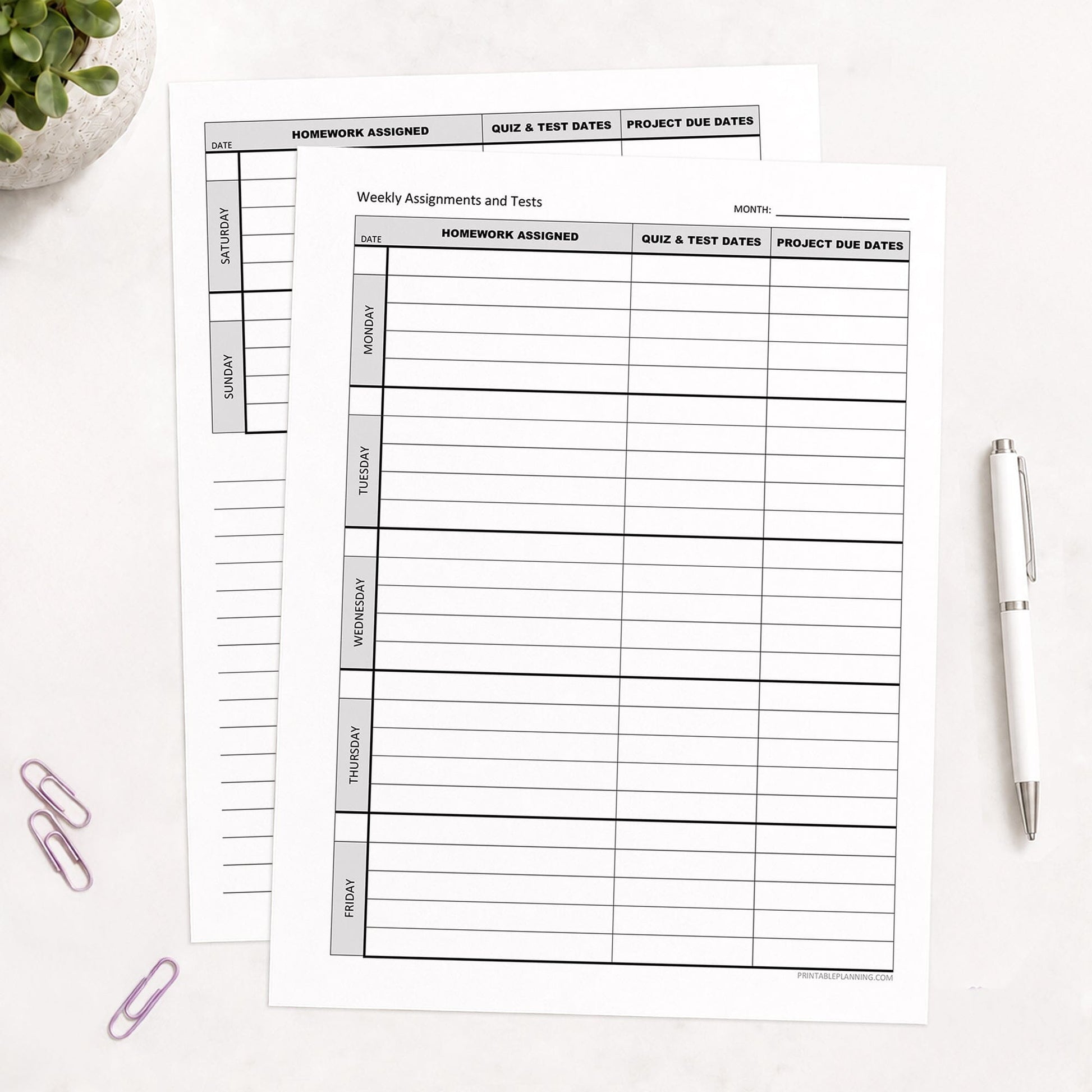 Two front and back printed Weekly Student Assignment Tracker for Homework, Tests & Projects (printable) pages shown on a desk with a plant, paperclips, and a pen.