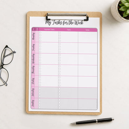 The printed Pink Weekly Task Planner with Priorities, Checklists & Notes (printable) page shown on a wooden clipboard on a table with a plant, glasses, and a pen.