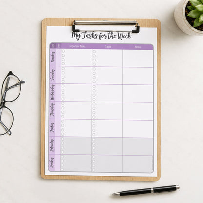 The printed Purple Weekly Task Planner with Priorities, Checklists & Notes (printable) page shown on a wooden clipboard on a table with  plant, glasses, and a pen.