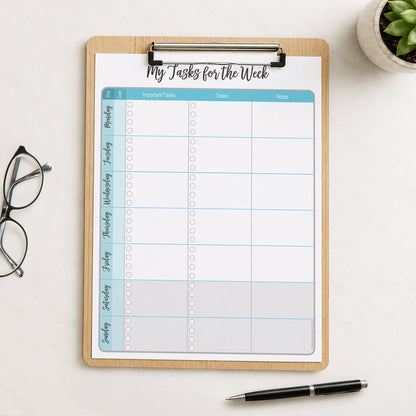 The printed Turquoise Weekly Task Planner with Priorities, Checklists & Notes (printable) page shown on a wooden clipboard on a table with a plant, glasses, and a pen.