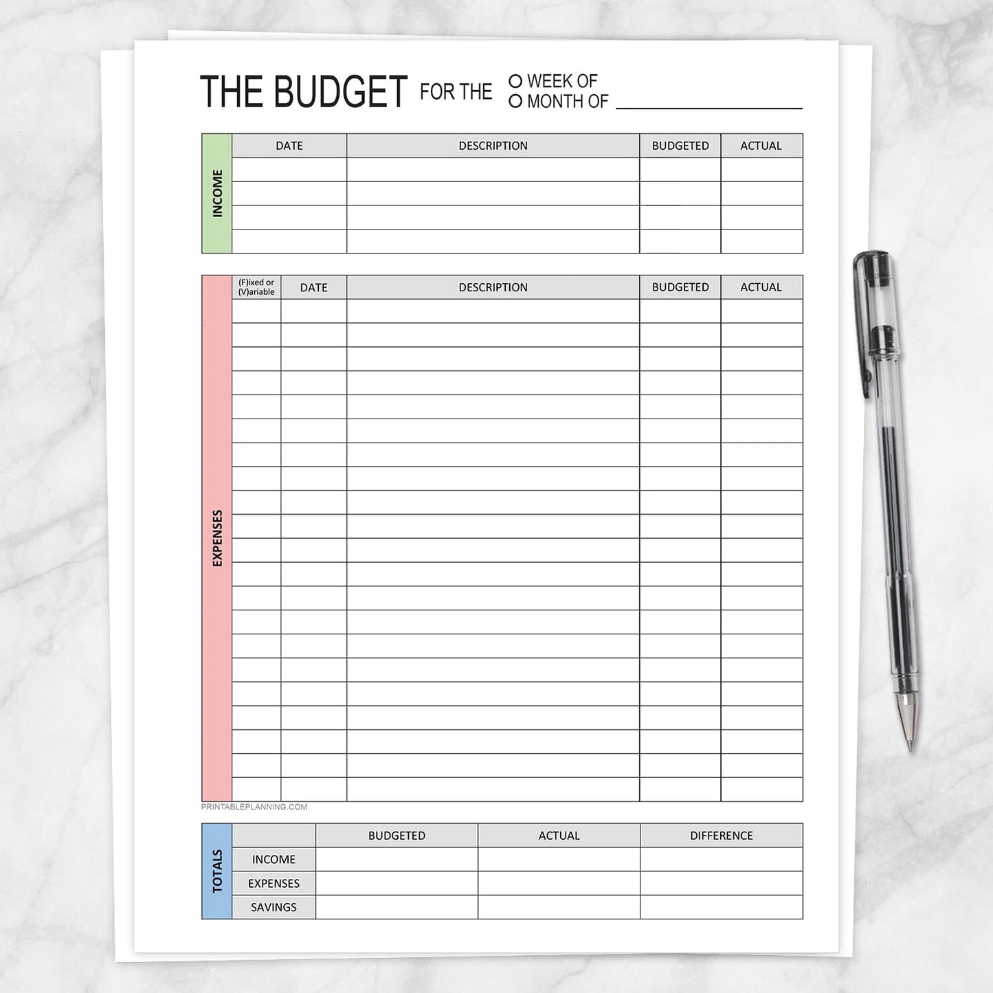 The Weekly or Monthly Budget Worksheet - Printable Income and Expense Tracker shown on a marble surface with a pen.