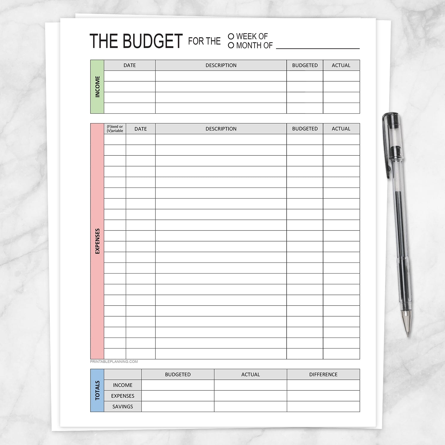 The Weekly or Monthly Budget Worksheet - Printable Income and Expense Tracker shown on a marble surface with a pen.