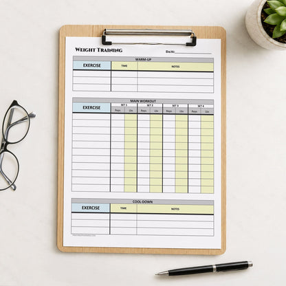 A printed Weight Training Workout Log with Warm-Up and Cool-Down (printable page) shown on a wooden clipboard on a table with glasses, a plant, and a pen.