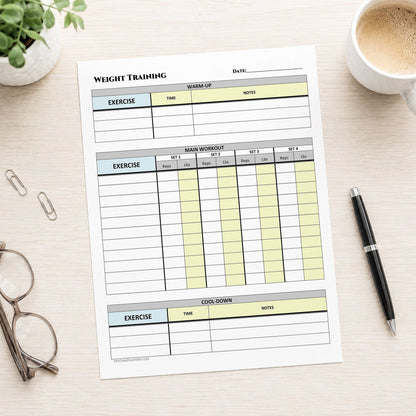 A printed Weight Training Workout Log with Warm-Up and Cool-Down (printable page) shown on a desk with a plant, coffee, glasses, paperclips, and a pen.