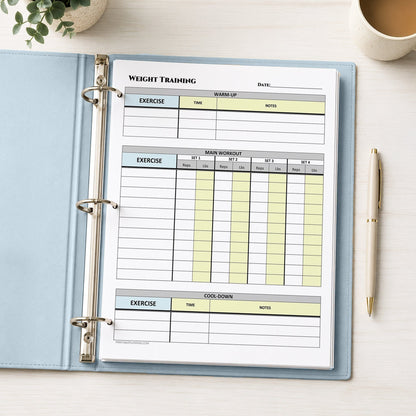 A printed Weight Training Workout Log with Warm-Up and Cool-Down (printable page) shown in a light blue binder on a desk with a plant, coffee, and a pen.