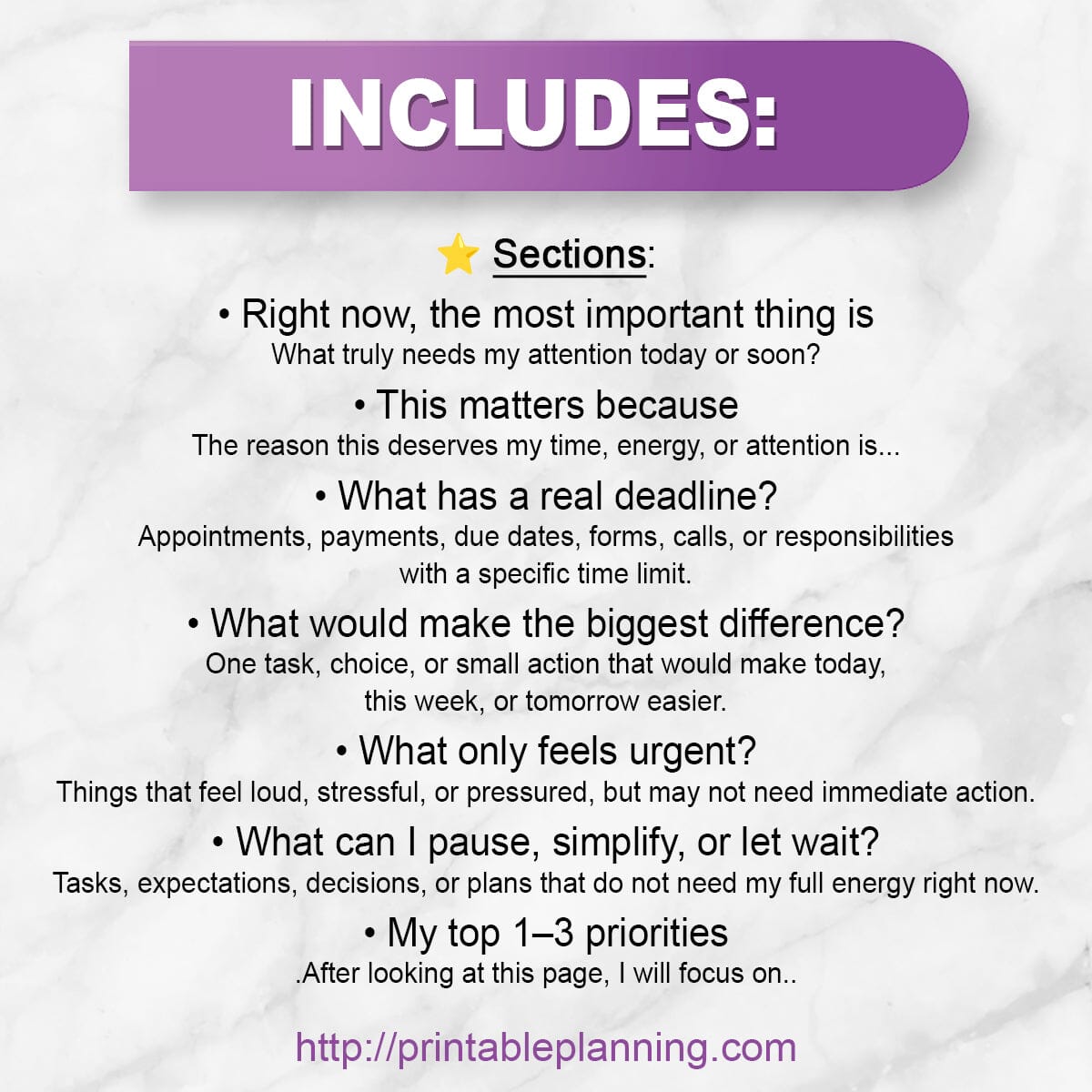 List of the included sections on the What Actually Matters Priority Worksheet.