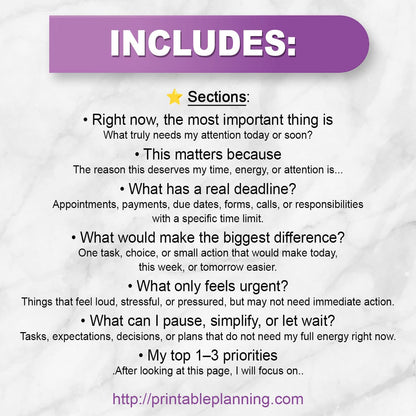 List of the included sections on the What Actually Matters Priority Worksheet.