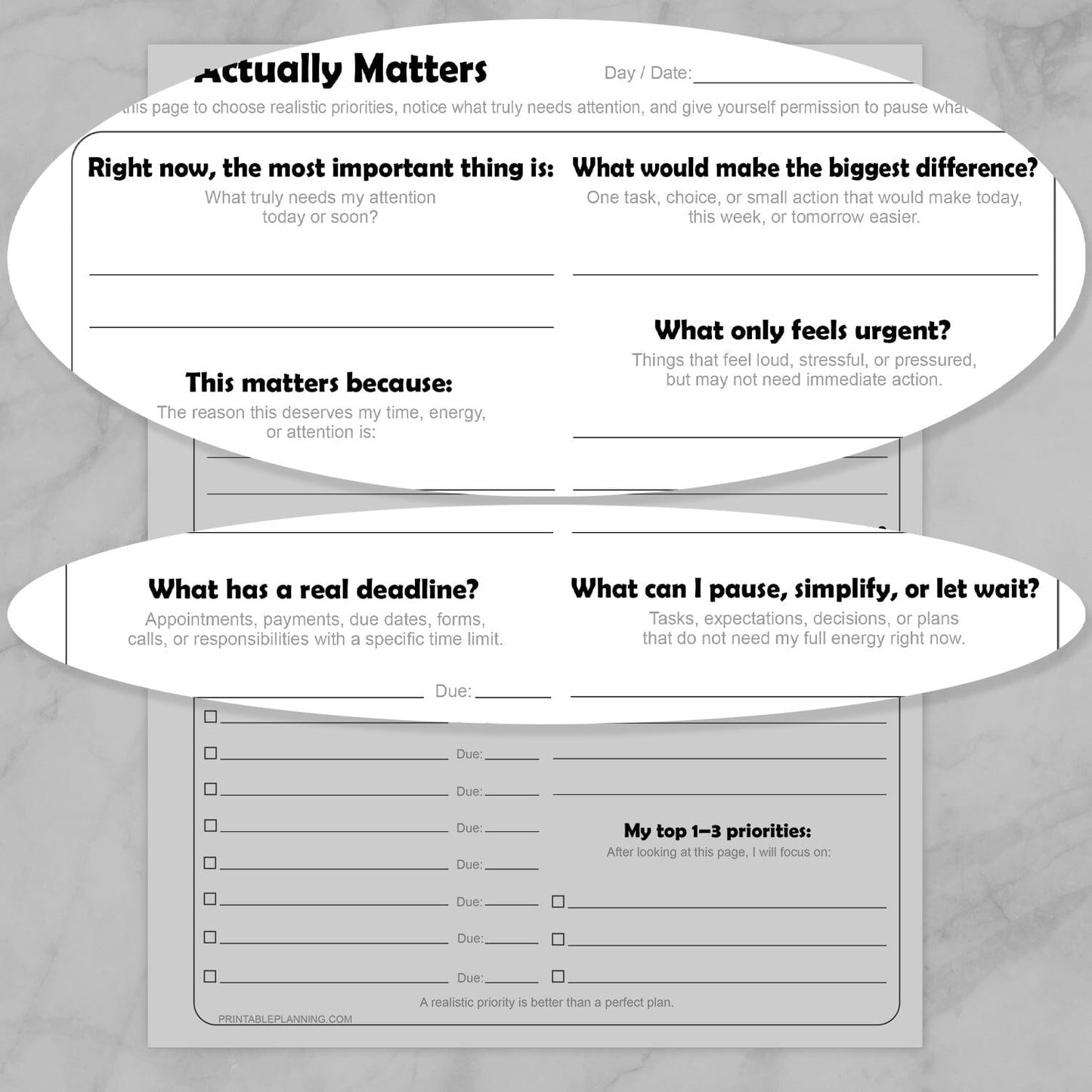 Zoomed in ovals of the What Actually Matters Priority Worksheet to show the sections text.