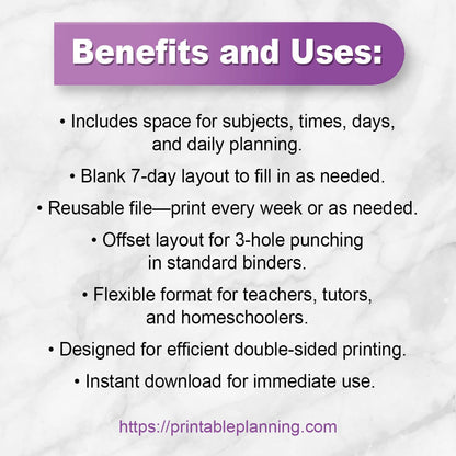 A list of Benefits and Uses for the White Weekly Lesson Plan Pages for Teachers - Printable PDF.