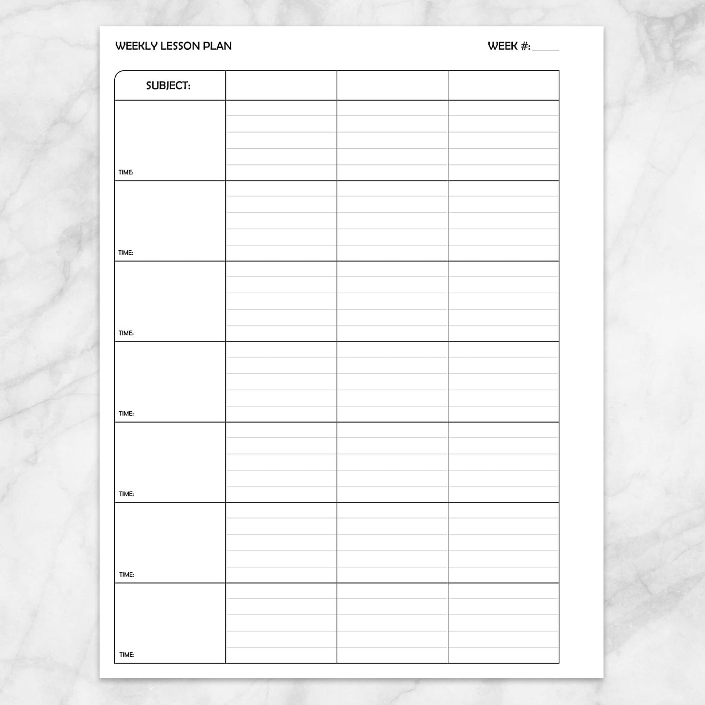 A weekly lesson plan printable sheet (left side) with lined sections for subject and notes, shown on a light marble background.
