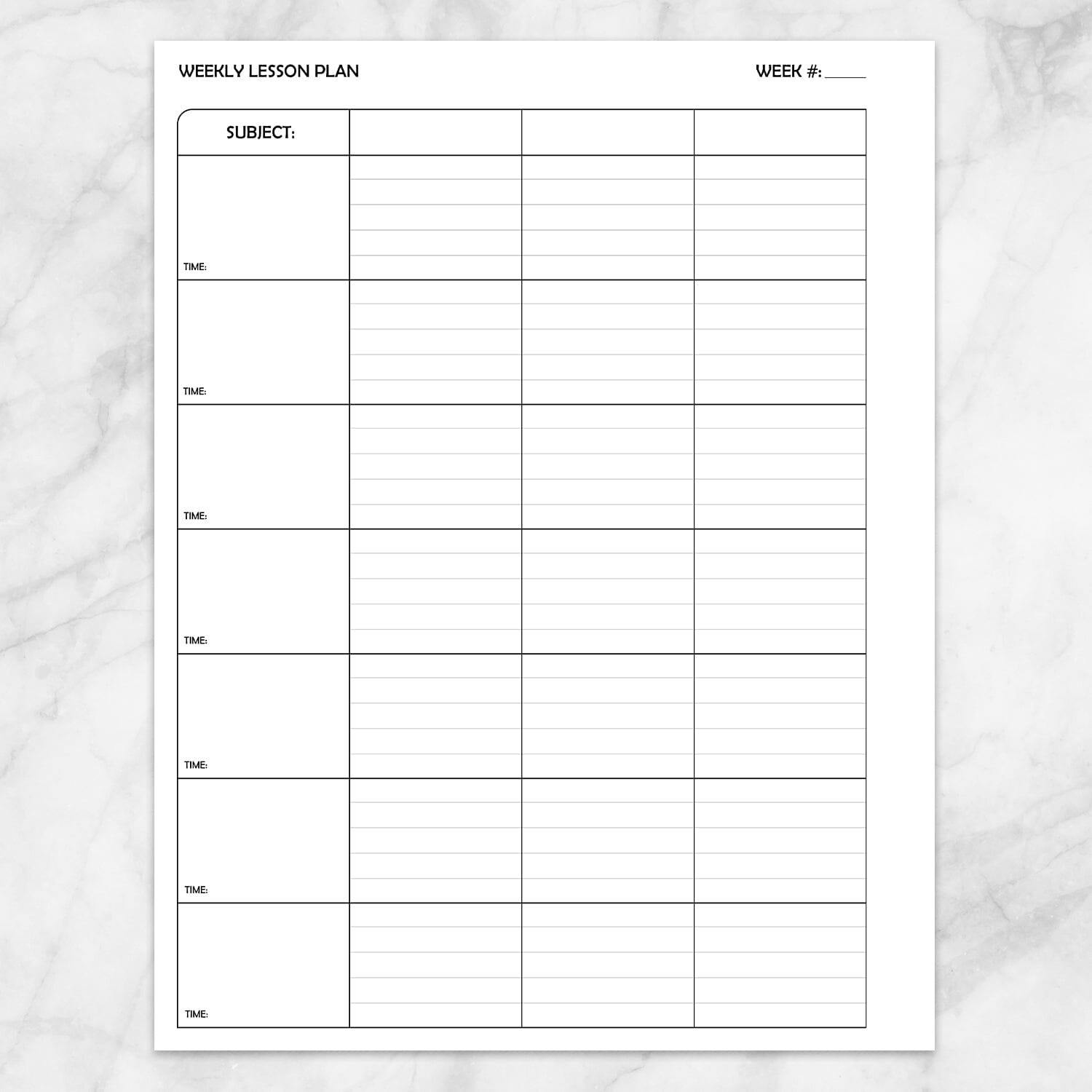 A weekly lesson plan printable sheet (left side) with lined sections for subject and notes, shown on a light marble background.