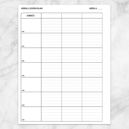 A weekly lesson plan printable sheet (left side) with lined sections for subject and notes, shown on a light marble background.