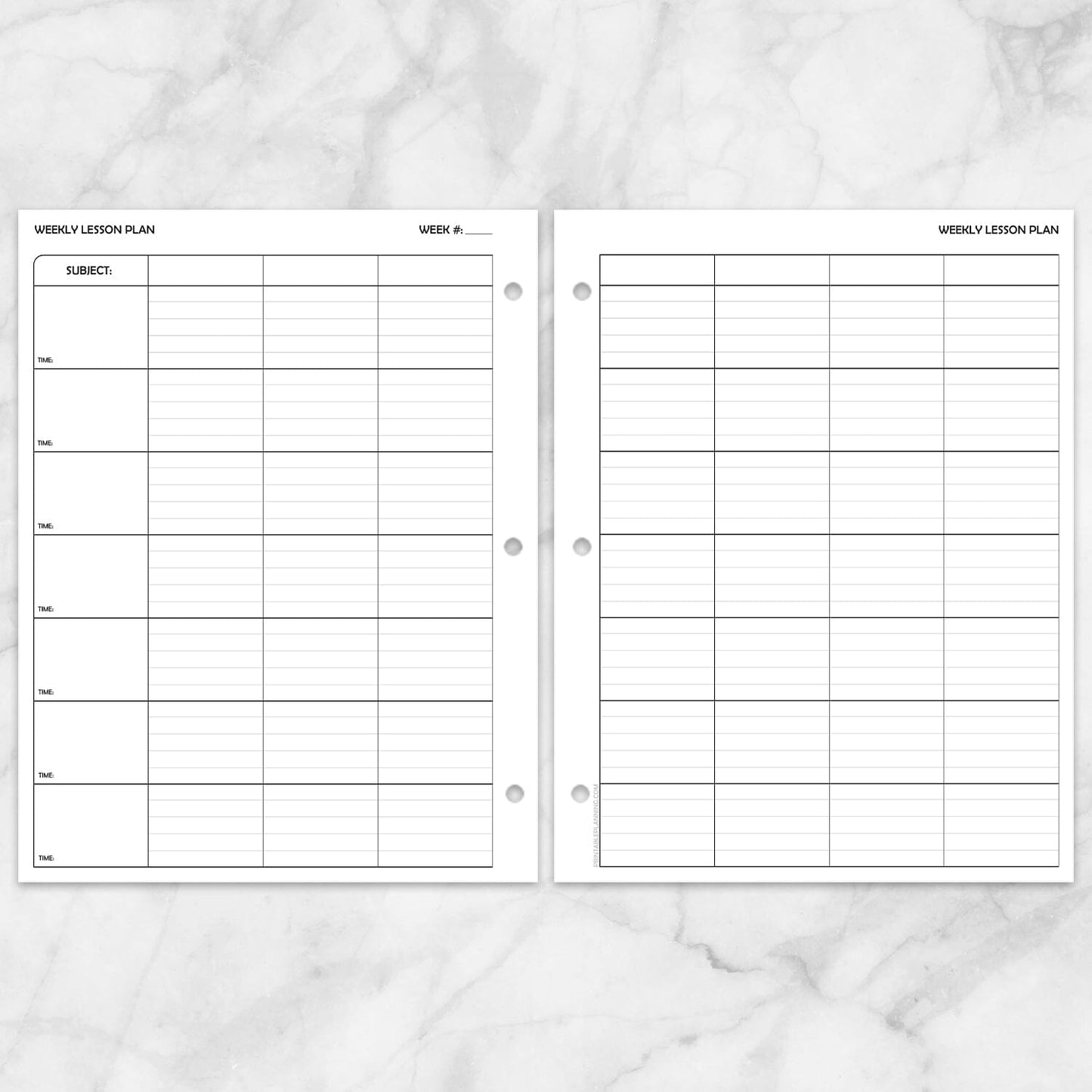 Two open White Weekly Lesson Plan Pages for Teachers - Printable PDF sheets with lined grid tables for subjects and dates, displayed on a light marble surface.