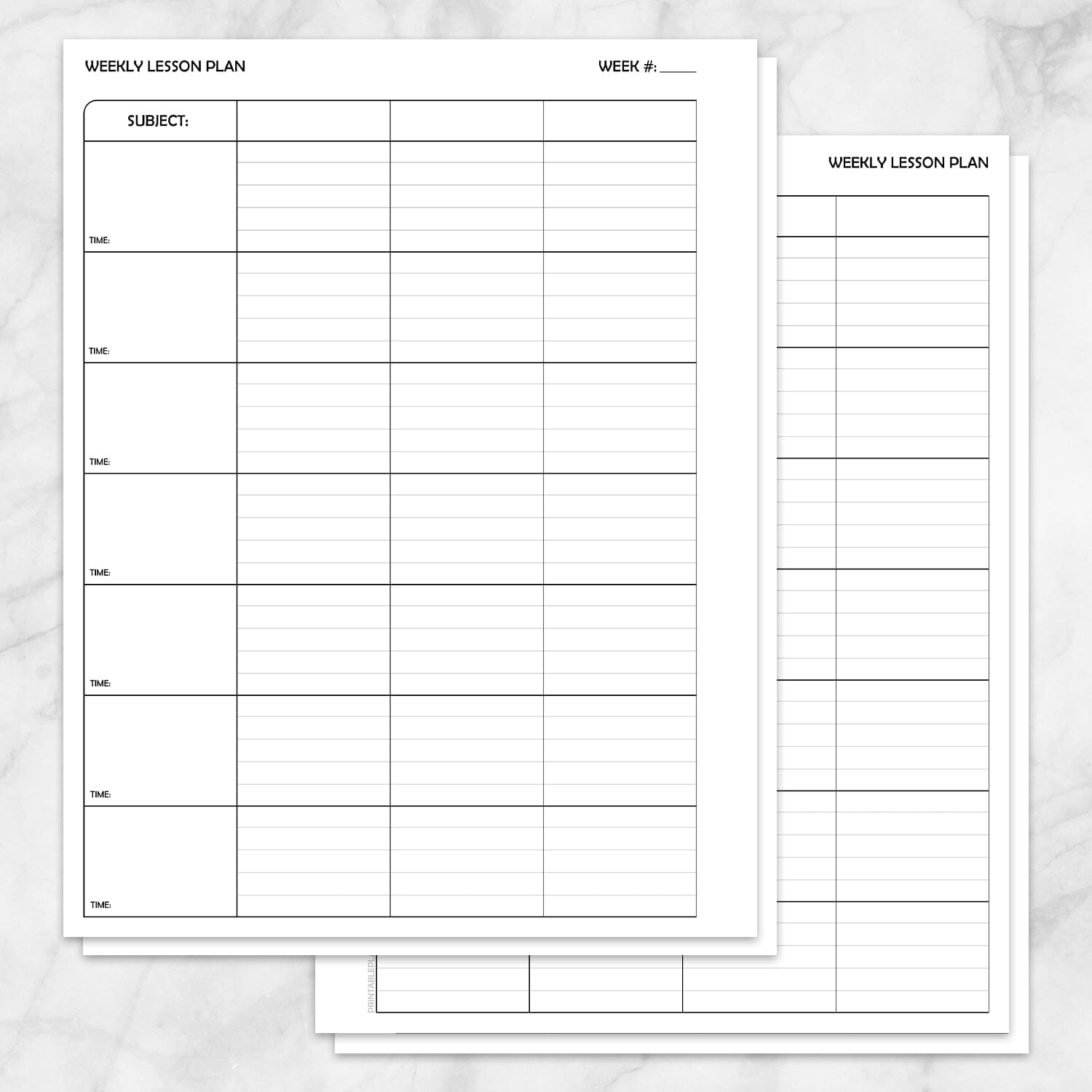 Two printed White Weekly Lesson Plan Pages for Teachers - Printable PDF sheets with lined tables for subject, days, notes, and activities, arranged on a light marble-like background.