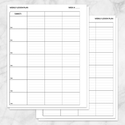 Two printed White Weekly Lesson Plan Pages for Teachers - Printable PDF sheets with lined tables for subject, days, notes, and activities, arranged on a light marble-like background.