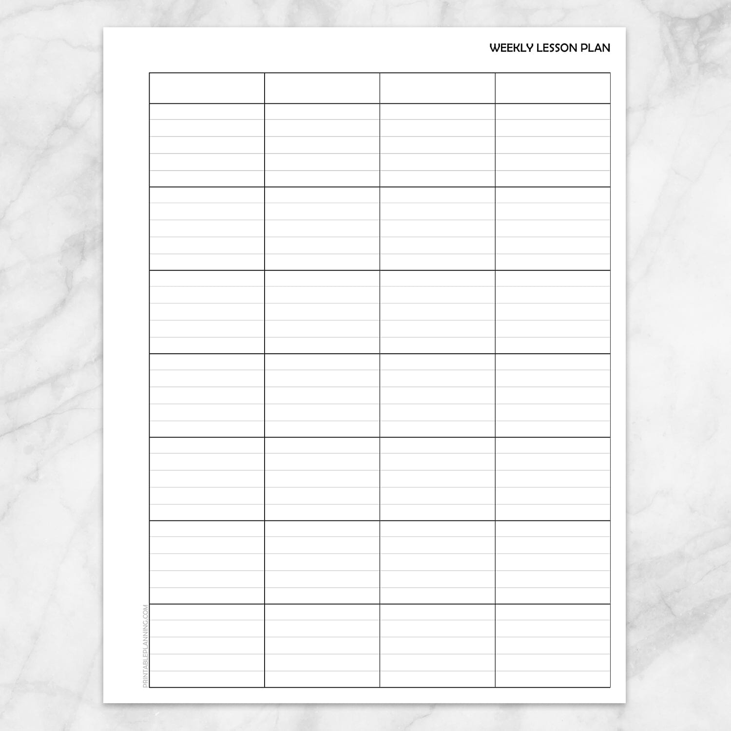 A printable weekly lesson plan sheet (right side) with a clean grid layout on a white marble background.