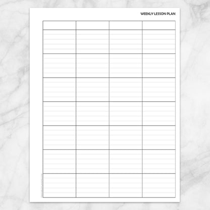 A printable weekly lesson plan sheet (right side) with a clean grid layout on a white marble background.