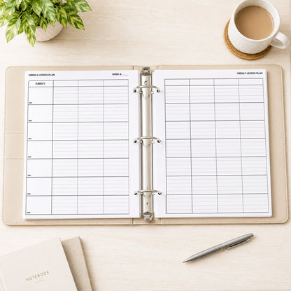 An open three-ring binder planner with two White Weekly Lesson Plan Pages for Teachers (Printable PDF) displayed on a light wood tabletop with a plant, coffee cup, pen, and notebook around it.