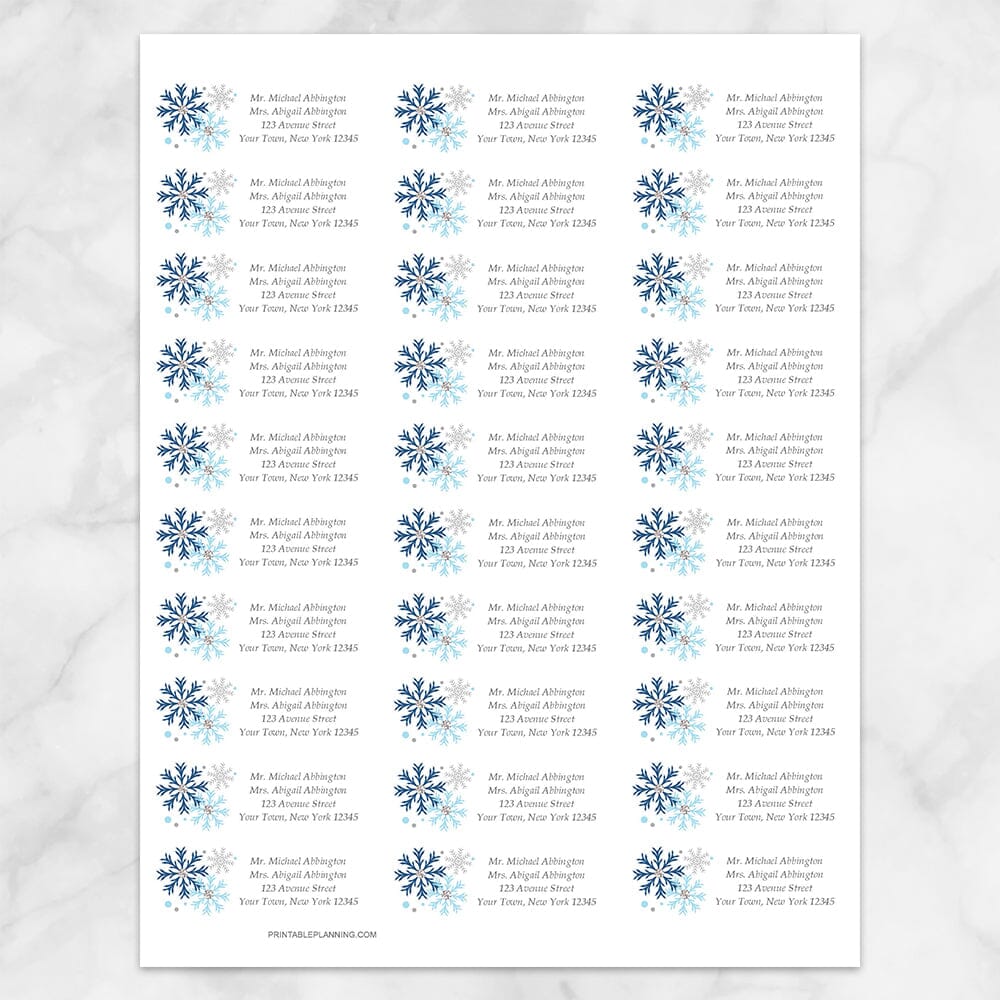 Printable Winter Blue Gray Snowflake Address Labels at Printable Planning. Sheet of 30 labels.