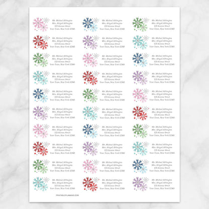 Printable Winter Colorful Snowflake Address Labels at Printable Planning. Sheet of 30 labels.
